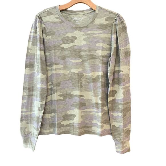 Lucky Brand Sz S Light Army Green Camo Gathered Shoulder Unique T-Shirt - Picture 1 of 7